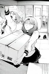 Rule 34 | 2girls, arms up, black skirt, box, carrying, character request, closed mouth, embers (manga), green hair, highres, long hair, long sleeves, multiple girls, necktie, non-web source, open mouth, school uniform, shirt, shoes, skirt, white shirt, yukizuki shizuki