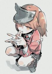 Rule 34 | 1girl, black skirt, brown hair, collared shirt, commentary, grey background, grey hat, hat, highres, japanese clothes, kantai collection, kariginu, long sleeves, looking at viewer, miniskirt, orange eyes, own hands together, pleated skirt, ryuujou (kancolle), shirt, simple background, skirt, solo, squatting, twintails, visor cap, white shirt, yasushi