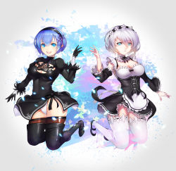 10s 2girls :d black_dress black_footwear black_gloves black_legwear blue_eyes blue_hair blush breasts cleavage closed_mouth cosplay costume_switch detached_sleeves dress gloves hair_between_eyes hairband kneeling large_breasts long_sleeves looking_at_viewer maid mary_janes mole mole_under_mouth multiple_girls nier_(series) nier:automata open_mouth panties re:zero_kara_hajimeru_isekai_seikatsu rem_(re:zero) ribbon-trimmed_clothes ribbon_trim shoes short_hair silver_hair smile thighhighs underwear white_legwear white_panties wookyung 2b_(nier:automata)