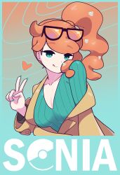 1girl absurdres aqua_eyes aqua_nails aqua_shirt black-framed_eyewear breasts brown_coat character_name cleavage coat collarbone eyewear_on_head hair_ornament heart heart_hair_ornament highres medium_breasts nintendo orange-tinted_eyewear orange_hair pokemon pokemon_swsh ribbed_shirt shirt side_ponytail smile solo sonia_(pokemon) sunglasses swept_bangs synapseproperty tinted_eyewear tongue tongue_out upper_body v v-neck wavy_hair