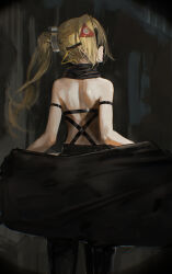 Rule 34 | 1girl, absurdres, bare arms, bare back, bare shoulders, black blindfold, black jacket, black pants, black scarf, blindfold, blunt bangs, curtained hair, from behind, hidulume, highres, holding, holding jacket, holding unworn clothes, jacket, no shirt, pants, ponytail, scarf, sidelocks, solo, trigger (zenless zone zero), unworn jacket, zenless zone zero