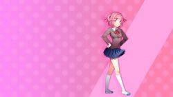 1girl :t annoyed arched_back blazer blue_skirt blush breasts brown_sweater_vest buttons closed_mouth collared_shirt curled_fingers doki_doki_literature_club doki_doki_literature_club doki_doki_literature_club_school_uniform dot_nose dress_shirt drop_shadow eyebrows_hidden_by_hair furrowed_brow game_cg grey_jacket hair_intakes hair_ornament hair_ribbon hands_on_own_hips highres impossible_clothes jacket kneehighs long_eyelashes long_sleeves looking_at_viewer mary_janes miniskirt neck_ribbon non-web_source official_art official_wallpaper parted_bangs parted_hair pink_background pink_eyes pink_hair pleated_skirt polka_dot polka_dot_background pout red_ribbon ribbon satchely sayori_(doki_doki_literature_club) school_uniform shirt shoes short_hair sidelocks skirt small_breasts socks solo sweater_vest thick_eyelashes thighs two_side_up v-neck v-shaped_eyebrows walking white_shirt white_shoes white_socks wide-eyed wing_collar x_hair_ornament
