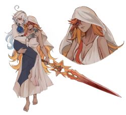 2girls a_thousand_blazing_suns_(genshin_impact) ahoge alternate_costume alternate_skin_color ascot bare_shoulders barefoot black_hands blue_ascot blue_eyes blue_hair blue_skirt breasts carrying carrying_person claymore_(sword) cleavage closed_mouth collarbone colored_extremities commentary dark-skinned_female dark_skin dress drop-shaped_pupils eni_(enidaisy69) full_body furina_(genshin_impact) gem genshin_impact green_gemstone hair_between_eyes hashtag-only_commentary heterochromia highres holding holding_sword holding_weapon hood hood_up hug long_hair long_skirt looking_at_viewer mavuika_(genshin_impact) medium_breasts mismatched_pupils multicolored_hair multiple_girls orange_eyes orange_hair parted_lips pointy_ears ponytail red_hair shirt simple_background skirt smile standing sword symbol-only_commentary symbol-shaped_pupils teeth two-tone_hair upper_body vampire very_long_hair weapon white_background white_dress white_hair white_hood white_shirt yuri