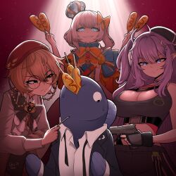 1boy 3girls absurdres beret blue_eyes bob_cut bow bowtie breasts brown_eyes cleavage clio_aite commentary corn_dog crescent crescent_hair_ornament crown eepy_sleepy eepy_sleepy_(sleepy_2.0) english_commentary evil_grin evil_smile fish_boy food_in_mouth frown glasses grin gun h2osakana hair_bow hair_ornament hat highres kluverdesigns large_breasts marimari_(vtuber) marimari_(vtuber)_(marimari_2.0) multiple_girls phase_connect phase_invaders_quest pointy_ears purple_hair quill round_eyewear scar scar_across_eye scar_on_face short_hair side_ponytail signature smile sports_bra sweat weapon