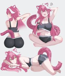1girl absurdres animal_ears arm_behind_head armpit_crease ass back bare_shoulders black_shorts black_sports_bra blush breasts closed_eyes closed_mouth commentary dolphin_shorts drooling grey_hair hair_intakes hashtag-only_commentary highres hololive hololive_english indian_style large_breasts long_hair looking_at_viewer looking_back lying median_furrow multicolored_hair multiple_views on_stomach open_mouth panther_ears panther_girl panther_tail pink_hair raora_panthera scratching shorts shoulder_blades simple_background sitting solo_focus sports_bra strap_slip streaked_hair tail teeth thighs upper_teeth_only virtual_youtuber white_hair wiwi_(wiwiwi004) yellow_eyes
