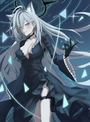 animal_ears black_dress blue_eyes blush breasts dress grey_hair highres holster large_breasts long_hair n_m_e night night_sky shiroko_(blue_archive) shiroko_terror_(blue_archive) sky thigh_holster thigh_strap very_long_hair