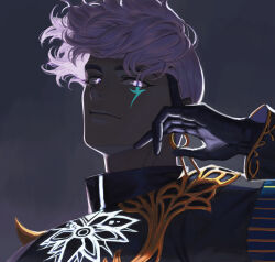 Rule 34 | 1boy, black gloves, dark-skinned male, dark skin, dnstar 1019, earrings, fate/grand order, fate (series), floating hair, gloves, highres, indian clothes, indra (fate), jewelry, lightning bolt facial mark, looking at viewer, male focus, purple eyes, purple hair, shirt, short hair, solo