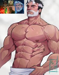 Rule 34 | 1boy, abs, absurdres, bara, beard, charles devereaux, cheekbones, cowboy shot, facial hair, full beard, highres, large pectorals, male focus, mature male, mrputt, multicolored hair, muscular, muscular male, navel, nipples, pectorals, reference inset, short hair, shredded muscles, solo, standing, thick beard, thick eyebrows, tomb raider, tomb raider: the legend of lara croft, topless male, towel, towel around waist, tsurime, two-tone hair, veins, veiny arms, wet, white hair