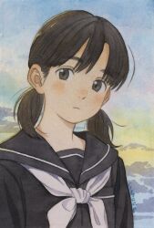 Rule 34 | 1girl, absurdres, black eyes, black hair, black sailor collar, black serafuku, black shirt, breast pocket, closed mouth, cloud, gradient sky, highres, light blush, looking at viewer, neckerchief, original, outdoors, painting (medium), parted bangs, pocket, portrait, sailor collar, school uniform, serafuku, shinomiya nanase, shirt, sky, solo, traditional media, twintails, watercolor (medium), white neckerchief