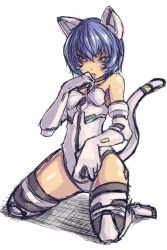 1girl :p adapted_costume animal_ears ayanami_rei bare_shoulders blue_hair boots breasts cat_ears cat_tail closed_mouth collar elbow_gloves facing_viewer fake_animal_ears fake_tail female_focus full_body gloves hair_between_eyes hand_up hip_focus kemonomimi_mode kneeling legs_apart leotard licking licking_finger looking_at_viewer mecha_pilot_suit neon_genesis_evangelion pilot_suit plugsuit_(evangelion) red_eyes saltydanshark shadow short_hair simple_background sketch small_breasts solo super_plugsuit_(evangelion) tail thigh_boots thighhighs thighs tongue tongue_out white_background white_boots white_gloves white_leotard white_thighhighs
