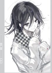 Rule 34 | 1boy, arm belt, art program in frame, black hair, border, checkered clothes, checkered scarf, colored skin, danganronpa (series), danganronpa v3: killing harmony, flipped hair, grey border, hair between eyes, highres, long sleeves, looking at viewer, male focus, medium hair, muted color, oma kokichi, pale skin, purple hair, ringed eyes, scarf, simple background, sketch, smile, solo, toqha3247, two-tone scarf, upper body, white background, white skin