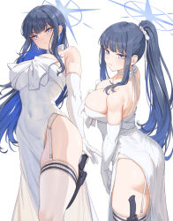 1girl ass black_hair blue_archive blue_hair blush breasts choker closed_mouth covered_navel dress elbow_gloves fangxiang_cuoluan garter_belt gloves halo highres knife_sheath large_breasts long_hair looking_at_viewer multicolored_hair multiple_views official_alternate_costume ponytail ribbon_choker saori_(blue_archive) saori_(dress)_(blue_archive) sheath sidelocks straight_hair strapless strapless_dress thighhighs two-tone_hair very_long_hair white_dress white_garter_belt white_gloves white_thighhighs