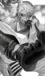 Rule 34 | 1boy, animal ears, arabian clothes, beret, biting own finger, blurry, blurry background, blush, choker, clothes pull, collarbone, costume request, dark-skinned male, dark skin, facial mark, fake claws, fangs, feather hair ornament, feathers, feet, foot focus, forehead mark, fork, furrowed brow, greyscale, grin, hair ornament, halloween costume, hand on own leg, hat, highres, jewelry, kalim al-asim, kemonomimi mode, layered shirt, leaf, light particles, looking at viewer, male focus, mau sakura, monochrome, narrowed eyes, official alternate costume, one eye closed, open mouth, pants, pants pull, pawpads, pendant choker, pose request, presenting foot, red pupils, saliva, saliva on hand, saliva trail, shirt, short hair, single ear down, sleeveless, sleeveless shirt, smile, solo, spot color, swept bangs, twisted torso, twisted wonderland, twitter username, very short hair, wolf ears