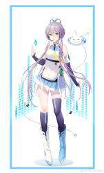 1girl absurdres asymmetrical_legwear bare_shoulders black_socks black_thighhighs blue_boots blue_border boots border chinese_commentary elbow_gloves fingerless_gloves full_body gloves green_eyes grey_hair hair_ornament hair_rings headset highres long_hair looking_at_viewer luo_tianyi luo_tianyi_v4 necktie pleated_skirt ribbon shirt shoes short_hair_with_long_locks skirt sleeveless sleeveless_shirt socks solo standing thighhighs tian_dian tiptoes twintails uneven_legwear vocaloid vsinger_(vocaloid) watermark weibo_username weibo_watermark white_boots white_ribbon yellow_necktie