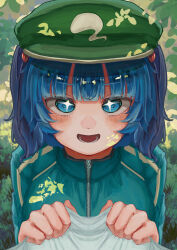 Rule 34 | + +, 1girl, :d, absurdres, alternate costume, blue eyes, blue hair, blue jacket, blunt bangs, blush, commentary request, grass, green hat, hair bobbles, hair ornament, hat, highres, inushichi, jacket, kawashiro nitori, looking at viewer, lower teeth only, medium hair, newsboy cap, open mouth, pov, smile, solo, teeth, touhou, track jacket, two side up, upper body, variant set