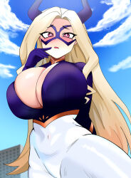 1girl blonde_hair bodysuit boku_no_hero_academia breasts cleavage cloud day female_focus giant giantess hatzuhatzu highres horns huge_breasts long_hair looking_at_viewer mask mount_lady open_mouth skindentation sky solo thick_thighs thighs wide_hips