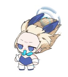 1girl animal_ears blonde_hair blue_archive blue_eyes blue_halo chibi halo highres koyuuuuuuuuuuu leotard playboy_bunny rabbit_ears ribbon solo toki_(blue_archive) toki_(bunny)_(blue_archive) twitter_username wavy_hair white_background wind wind_lift