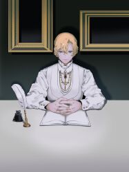 1boy absurdres blonde_hair blue_eyes book closed_mouth collar_chain_(jewelry) collared_shirt cross cross_necklace cuff_links curtained_hair empty_picture_frame frilled_shirt_collar frills green_background hair_between_eyes haruno_taku highres indoors inkwell interlocked_fingers jewelry latin_cross light_smile long_sleeves looking_at_viewer male_focus necklace open_book original own_hands_together picture_frame quill shirt short_hair solo table upper_body vest wavy_hair white_shirt white_vest