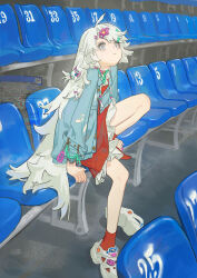 1girl :| absurdres ahoge arms_at_sides bleachers blue_eyes chair closed_mouth denim denim_jacket dorothyshan drawstring dress flipped_bangs flipped_hair flower frilled_dress frills glitch grey_hair hair_flower hair_ornament hairpin hand_rest highres jacket knee_up left_shoe_removed long_hair long_sleeves looking_at_viewer nail_polish on_chair open_clothes open_jacket original red_dress red_nails red_socks shoes short_dress side_part single_shoe sitting socks solo stadium torn_clothes torn_sleeves unbuttoned unbuttoned_jacket very_long_hair white_shoes