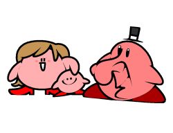 big_nose black_eyes black_headwear blank_eyes blush blush_stickers brown_hair child closed_mouth family full_body happy hat high_heels jaggy_lines kirby kirby_(series) looking_at_viewer nintendo no_humans open_mouth red_footwear shoes simple_background smile standing top_hat vilepluff what white_background