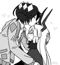 1boy 1girl aryll_(marbles) black_hair blush couple demon_girl etihw_(funamusea) funamusea haiiro_teien heart kcalb_(funamusea) kiss kissing_forehead long_hair very_long_hair white_hair