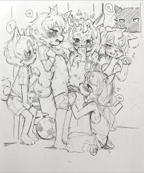 2girls 3boys animal_penis antlers armpits ball blush braid broken_horn bulge clothes_lift clothes_pull deer_antlers deer_girl dog_boy erection erection_under_clothes fangs flat_chest furry furry_with_furry hetero highres horns knotted_penis kodomo_doushi loli long_hair multiple_boys multiple_girls nipples on_floor original pants pants_pull pectorals penis recording renocoffee shirt_lift short_hair short_shorts shorts shota shoulder_freckles soccer_ball tail tank_top testicles tongue tongue_out twin_braids