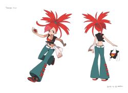 10s 1girl 2013 2024_pokemon_teraleak :o belt concept_art crop_top denim female_focus flannery_(pokemon) full_body gym_leader high_ponytail highres holding holding_poke_ball jeans jumping long_hair midriff multiple_views nintendo official_art open_mouth pants poke_ball poke_ball_(basic) pokemon pokemon_oras ponytail red_eyes red_hair reference_sheet shoes sleeveless smile sugimori_ken translation_request turnaround white_background wide_hips