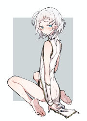 Rule 34 | 1girl, ahoge, androgynous, azuma shino, blue eyes, blush, chinese clothes, fang, feet, hair ornament, hairclip, looking to the side, nail polish, nowareno (azuma shino), pointy ears, simple background, sitting, skin fang, skinny, solo, solo focus, sweatdrop, wariza, white hair