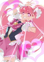 1girl absurdres aino_megumi arm_warmers boots bow brooch cure_lovely frilled_skirt frills glowing glowing_eyes hair_ornament happinesscharge_precure! heart heart_brooch heart_hair_ornament highres jewelry looking_down magical_girl pink_bow pink_hair pink_skirt ponytail precure puffy_short_sleeves puffy_sleeves shipu_(gassyumaron) shirt short_sleeves skirt smile solo thigh_boots thighhighs vest white_background white_boots white_shirt wide_ponytail