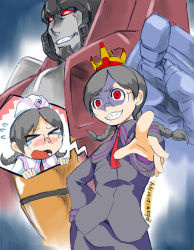 Rule 34 | 1980s (style), 1boy, 1girl, breasts, clenched teeth, closed eyes, crown, dark persona, decepticon, glowing, glowing eyes, hitotonari atari, kamizono (spookyhouse), kiss players, machine, machinery, mecha, mecha on girl, oldschool, open mouth, possessed, red eyes, retro artstyle, robot, school uniform, science fiction, skirt, smile, starscream, tears, teeth, transformers