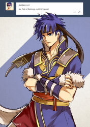 Rule 34 | 1boy, blue eyes, blue hair, cosplay, crossed arms, fire emblem, fire emblem: path of radiance, fire emblem awakening, fur-trimmed sleeves, fur trim, gzei, headband, ike (fire emblem), lon&#039;qu (fire emblem), lon&#039;qu (fire emblem) (cosplay), male focus, nintendo, short hair, short sleeves, solo