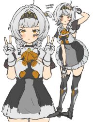 1girl anby_demara anby_demara_(silver_soldier) blush braid brown_eyes closed_mouth fingerless_gloves gloves hair_between_eyes highres hssfaxee looking_at_viewer short_hair side_braids v white_background white_gloves white_hair zenless_zone_zero