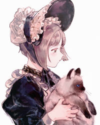 1girl apron bob_cut bonnet brown_hair cat from_side green_eyes highres maid_apron original simple_background ueno_zousui white_background