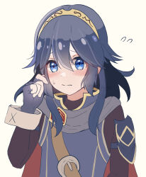 1girl armor blue_eyes blue_gloves blue_hair blush brand_of_the_exalt cape closed_mouth fingerless_gloves fire_emblem fire_emblem_awakening flying_sweatdrops gloves hair_between_eyes highres kyashii_(cathyyy_illust) long_hair long_sleeves lucina_(fire_emblem) nintendo shoulder_armor solo sweatdrop symbol_in_eye tiara twitter_username upper_body white_background