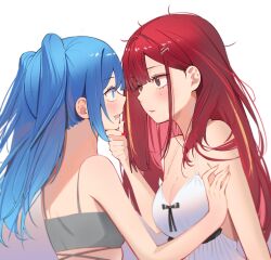 2girls akane_lize arahashi_tabi bare_arms bare_shoulders black_ribbon blonde_hair blue_eyes blue_hair blunt_bangs blush breasts chemise closed_mouth commentary drooling eye_contact fingernails frilled_chemise from_side grabbing_another&#039;s_chin gradient_background grey_background grey_eyes grey_sports_bra hair_behind_ear hair_intakes hair_over_shoulder hand_on_another&#039;s_arm hand_on_another&#039;s_chin hand_up heart heart-shaped_pupils highres imminent_kiss large_breasts long_hair looking_at_another mole mole_under_eye mouth_drool multicolored_hair multiple_girls open_mouth parted_bangs red_hair ribbon sidelocks spaghetti_strap sports_bra stellive streaked_hair symbol-shaped_pupils talnory thick_eyelashes twintails upper_body virtual_youtuber wavy_mouth white_background white_chemise yuri