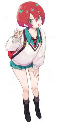 1girl absurdres amate_yuzuriha aqua_eyes aqua_shirt aqua_skirt backpack bag black_boots blush boots claw_pose collared_shirt gundam gundam_gquuuuuux hair_between_eyes highres leaning_forward long_sleeves looking_at_viewer necktie open_mouth red_hair ryo_(tg290) school_uniform shirt short_hair simple_background skirt socks solo standing striped_necktie sweater two-tone_necktie white_background