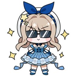 Rule 34 | 1girl, ankle socks, artist request, back bow, bare shoulders, beads, beret, blonde hair, blue bow, blue bowtie, blue dress, blue shoes, blue sleeves, blue wrist cuffs, blush stickers, bow, bowtie, brooch, bubbly voyage (infinity nikki), buttons, chibi, closed mouth, collared dress, detached sleeves, dress, frilled dress, frilled sleeves, frilled socks, frilled wrist cuffs, frills, furrowed brow, glasses, hair intakes, hair ornament, hair rings, hairclip, hands on own hips, happy, hat, hat bow, infinity nikki, jewelry, lowres, mary janes, nikki (series), official art, opaque glasses, rabbit hair ornament, shoes, short dress, short hair with long locks, sidelocks, smile, socks, solo, sparkle, standing, star (symbol), star hair ornament, straight-on, strapless, strapless dress, striped clothes, striped dress, sunglasses, swept bangs, transparent background, vertical-striped clothes, vertical-striped dress, white hat, white socks, wrist cuffs