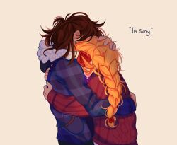 Rule 34 | 2girls, bow, braid, brown hair, coat, covered face, english text, fur collar, hair bow, hand on another&#039;s head, highres, hood, hood down, hug, multiple girls, nobi33ka, orange hair, our life, our life: now and forever, qiu lin (our life), ribbed sweater, single braid, sweater, tamarack baumann, upper body, winter clothes, winter coat, yuri