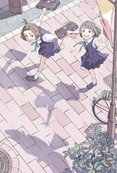 2girls absurdres bag bike_shorts blue_ribbon brown_hair green_ribbon hair_ornament hair_ribbon highres loafers morison multiple_girls neck_ribbon non-web_source open_mouth original outdoors outstretched_arms pleated_skirt ribbon school_bag school_uniform shirt shoes short_hair short_sleeves skirt smile vest white_shirt