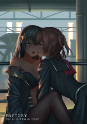 2girls after_kiss aijou_karen bare_shoulders black_bra black_hair blue_eyes bra breasts cleavage collarbone couple french_kiss hair_ornament indoors kagura_hikari kiss long_hair medium_breasts multiple_girls orange_eyes orange_hair saliva saliva_trail school_uniform shoujo_kageki_revue_starlight tagme tongue tongue_out twintails underwear undressing yellow_eyes yuri yurika-r