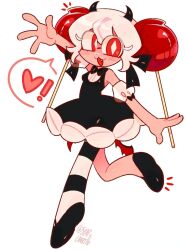 Rule 34 | 1girl, black bow, black bowtie, black dress, bow, bowtie, candy apple, candy apple cookie, cookie run, cookie run: kingdom, dress, food, highres, humanization, long hair, looking at viewer, open mouth, puffy sleeves, red eyes, short hair, simple background, smile, soapcandy16, white hair