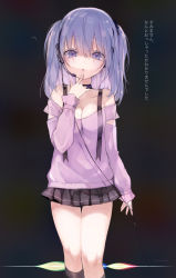 1girl absurdres bare_shoulders black_skirt black_socks breasts collarbone finger_to_own_chin hair_between_eyes headset highres kneehighs long_hair long_sleeves looking_at_viewer medium_breasts miniskirt off-shoulder_shirt off_shoulder original parted_lips pink_shirt pleated_skirt purple_eyes purple_hair ribbon shirt siri skirt sleeves_past_wrists socks solo standing two_side_up wire yukari_(rihenara_doll)