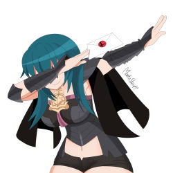 1girl arms_up black_shorts blue_hair breasts female_byleth_(fire_emblem) cape dab_(dance) envelope female_focus fire_emblem fire_emblem:_three_houses grin highres holding long_hair navel nintendo short_shorts shorts smile solo standing super_smash_bros. upper_body