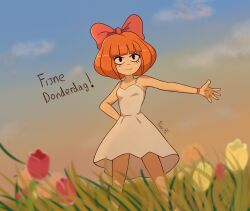 1girl artist_name black_eyes blunt_bangs bow closed_mouth cloud commentary dress dutch_text eyelashes fabz_rc feliz_jueves_(meme) flower freckles grass hair_bow highres medium_hair meme mymy_schoppenboer ongezellig orange_hair outdoors pink_bow sky sleeveless sleeveless_dress smile solo spread_fingers standing translation_request tulip wristband