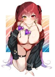 1girl absurdres bikini black_jacket blush border breasts breasts_day collarbone earrings full_body good_breasts_day heart heart-shaped_eyewear heart_earrings heart_pendant highres hololive houshou_marine houshou_marine_(summer) jacket jewelry kneeling large_breasts long_hair looking_at_viewer navel okibari_yasu purple-tinted_eyewear red_bikini red_eyes red_hair single_bare_shoulder single_off_shoulder single_tear solo sunglasses swimsuit tinted_eyewear twintails virtual_youtuber white_border yellow_eyes