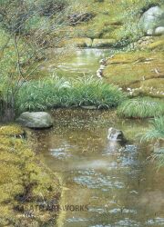 artist_name commentary_request day grass highres no_humans original outdoors painting_(medium) rock scenery stream traditional_media tree watanabe_masato water watercolor_(medium)