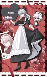 1girl aete alternate_costume apron black_dress black_eyes black_gloves black_horns black_shoes black_tail breasts button_gap chest_harness collared_dress commentary curled_horns demon_tail dress enmaided flower full_body gloves grey_hair hair_between_eyes harness high_heels highres horns large_breasts long_dress long_hair looking_at_viewer maid multicolored_eyes multicolored_hair parted_lips red_eyes red_flower red_rose rose shoes simple_background sleeves_rolled_up solo streaked_hair tail two-tone_eyes waist_apron white_background wuthering_waves zani_(wuthering_waves)