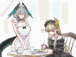 2girls :&lt; ? ^_^ absurdres apron arknights bare_shoulders black_choker black_dress black_hairband blonde_hair blush breasts choker cleavage closed_eyes closed_mouth commentary confused cowboy_shot cup dress drinking_glass elf english_commentary english_text fried_egg frilled_apron frills grey_hair hair_between_eyes hairband highres ho&#039;olheyak_(arknights) holding inset large_breasts long_hair long_sleeves looking_at_food looking_down maid_apron maid_headdress medium_breasts medium_hair mole mole_under_eye muelsyse_(arknights) multiple_girls naked_apron off_shoulder own_hands_together plate pointy_ears request_inset sidelocks sitting smile speech_bubble standing textless_version uof v_arms white_apron white_background yellow_eyes