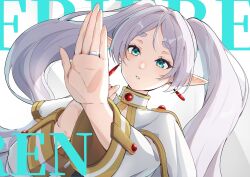 1girl capelet dress earrings elf frieren green_eyes highres jewelry long_hair pointy_ears solo sousou_no_frieren twintails white_capelet white_hair yami_anko