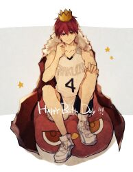 Rule 34 | 1boy, akashi seijuurou, basketball jersey, basketball uniform, cape, closed mouth, commentary request, crown, fur-trimmed cape, fur trim, hand on own knee, happy birthday, knees up, kuroko no basuke, looking at viewer, male focus, rakuzan high basketball uniform, romaji text, ryo (piggerworld), shoes, shorts, sitting, smile, sneakers, solo, sportswear, stuffed toy, two-sided cape, two-sided fabric, white fur, white shoes